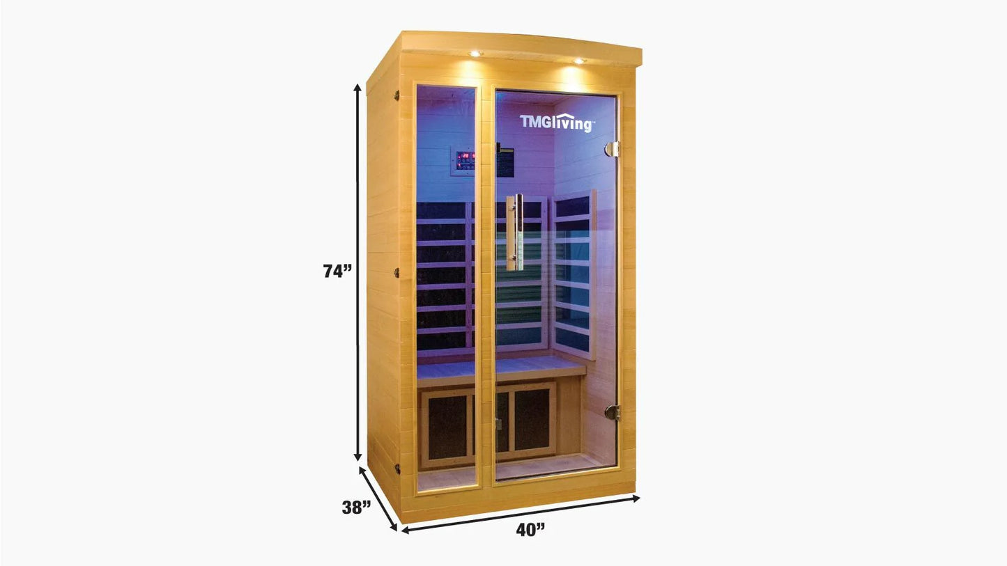 TMG LIVING 1-2 Person Indoor FAR Infrared Sauna Room, Natural Canadian Hemlock, Bluetooth Speakers, Tempered Glass Door, TMG-LSN10